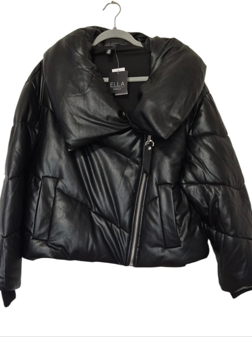 Ella Rafaella Black Vegan Leather Puffer Jacket Asymmetrical Zip Plus 1X NWT